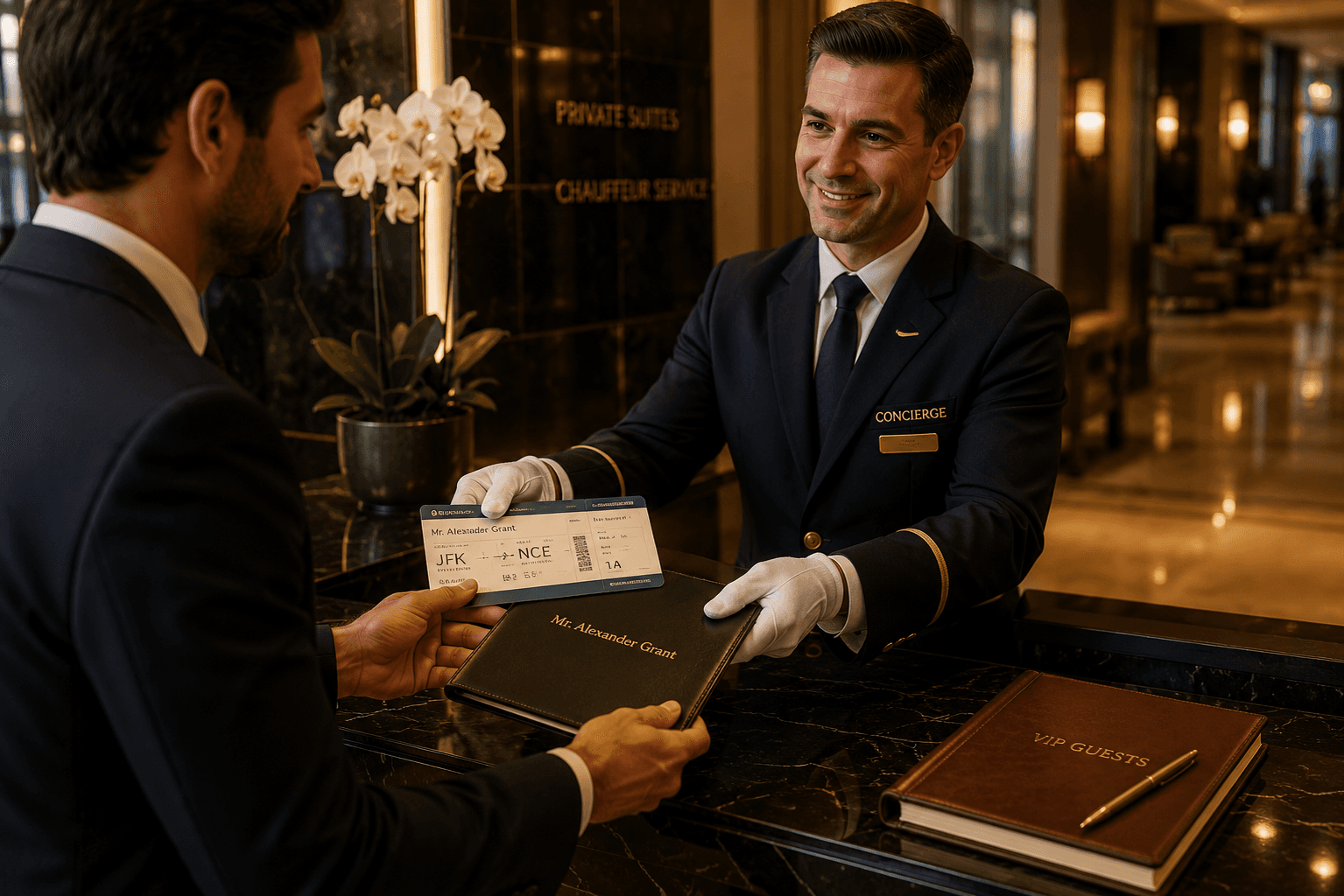 Elite World Services Concierge VIP — coordinator handing personalised boarding documents at a private suite counter