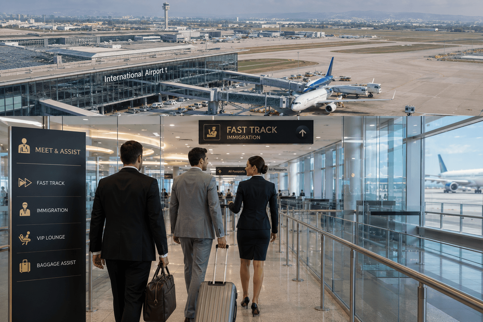 Elite World Services coordinator escorting two executives through fast-track immigration at an international airport terminal
