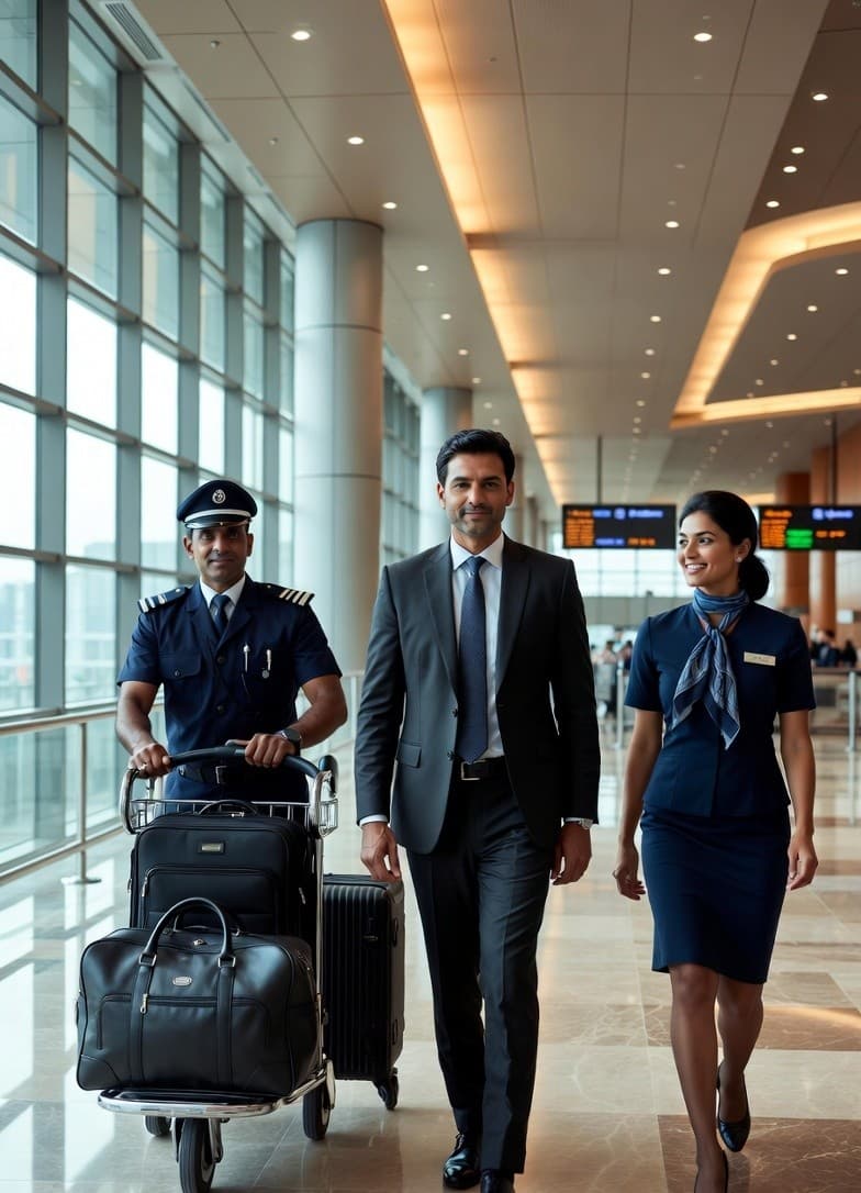 Elite World Services team — a porter, an executive traveller and a female airport greeter walking together through a modern Indian airport terminal, illustrating the on-the-ground operators we partner with.